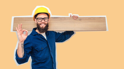 Cheerful worker - craftsman in work clothes with floor laminate in hands insulated on studio background. Collage in magazine style. Flyer with trendy colors, copyspace for ad. Your text here.