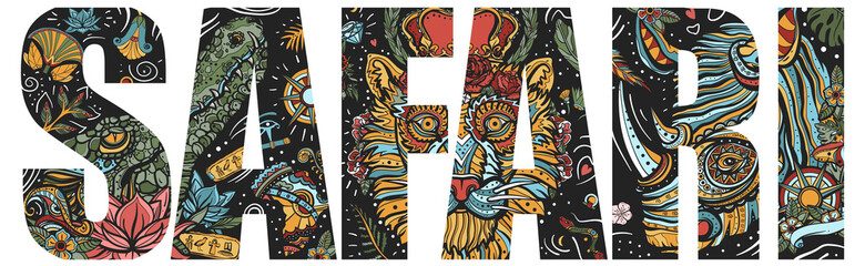 Safari slogan. Royal lion, evil crocodile and romantic rhino. Typography art. Tattoo style. Vector graphics. Africa zoo lifestyle. Double exposure lettering. African wild animals portrait