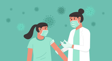 Obraz premium Immunization and vaccination flu shot concept, female doctor with medical protective suit, glove, mask inject syringe in patient arm, Covid-19 prevention with girl having vaccine, vector illustration