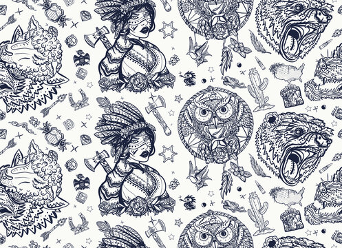 Native American Indian old school tattoo style. Tribal culture and history. Traditional tattooing art. Ethnic warrior girl, wolves and bear, dream catcher. Seamless pattern