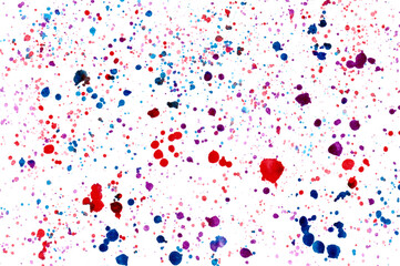 Abstract colorful background with color splashes on white board. Water drops on background. Abstract art wallpaper. Hand drawn watercolor illustration. Blue, red and purple blots. Rain imitation