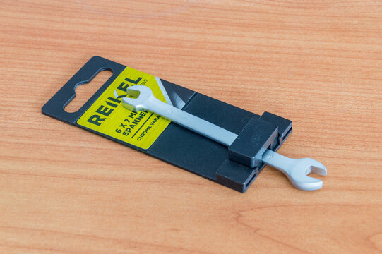 Pruszcz Gdanski, Poland - April 13, 2021: Reikel Tesco chorme vanadium wrench.