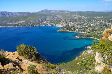 Stunning panoramic view from cliff Cap Canaille towards the bay of the town Cassis in Provence-Alpes-Côte d'Azur, France, Calanque coast