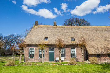 Fototapeta na wymiar Old farmhouse with thatched roof in historic village Orvelte, Netherlands