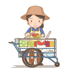 Cartoon illustration of Thai fresh fruit street vendor.