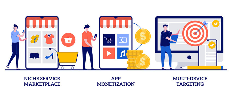 Niche service marketplace, app monetization, multi-device targeting concept with tiny people. Online retail vector illustration set. Buy and sell products, startup launch, mobile user metaphor