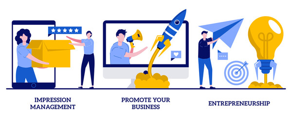 Impression management, promote your business, entrepreneurship concept with tiny people. Business success vector illustration set. Personal brand strategy, social interaction and influence metaphor