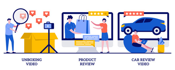 Unboxing video, product and car review concept with tiny people. Video content vector illustration set. Blog monetization, online test-drive, features overview, rating service, advertising metaphor