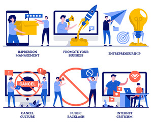 Cancel culture, public backlash, Internet criticism concept with tiny people. Social media behavior vector illustration set. Group shaming, boycott, hate speech, bias and discrimination metaphor