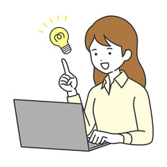 パソコンで仕事をするビジネスウーマン　閃き　イラスト素材