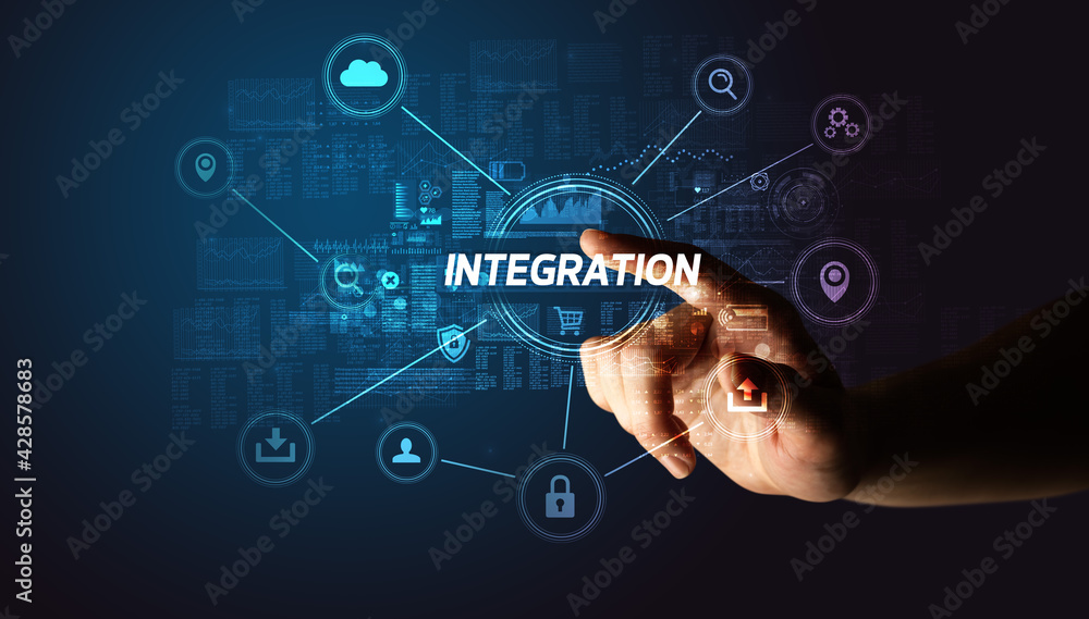 Poster hand touching cybersecurity button concept