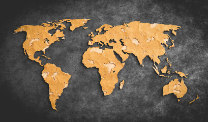 World map made of recycled cardboard paper.