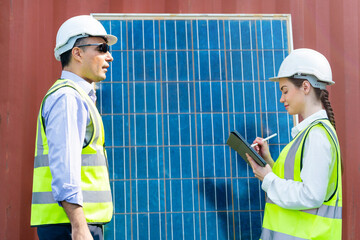 Business Engineers Meeting Innovative More Efficient Solar Panel Battery Concept of Renewable...