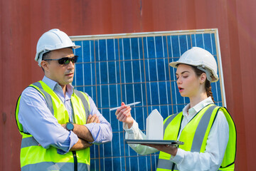 Business Engineers Meeting Innovative More Efficient Solar Panel Battery Concept of Renewable...