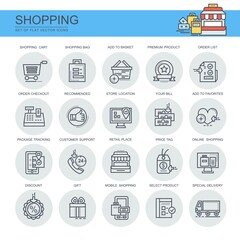 Shopping. Online Store. Set of flat, linear icons. The set contains icons such as gifts, discount, premium product, cart, shopping cart and others.