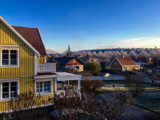 Clear early Winter morning with frost on trees and branches with ice crystals make winter...