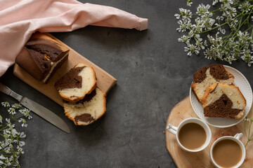 Delicious homemade marble pound cake and milk coffee