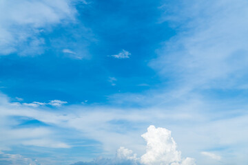 Blue sky with beautiful natural white clouds. Space for text. Background.