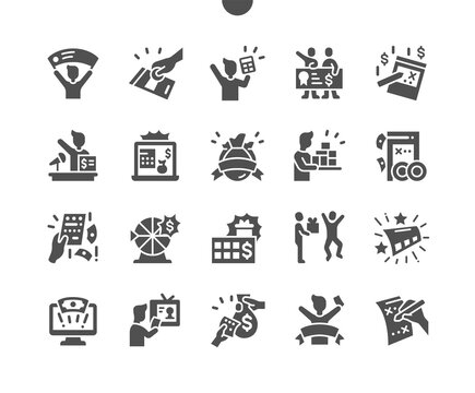 Huge Lottery Win. Winning Ticket. Gambling, Huge, Money, Prize, Reward, Achievement, Target, Winner And Victory. Vector Solid Icons. Simple Pictogram