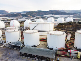 Liquified natural gas storage. LNG or LPG gas plant. Storage tanks for liquefied gas. Aerial view