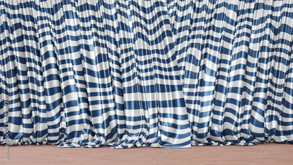 Poster realistic 3d animation of the horizontal blue and white curved stripes pattern curtain with wood flo