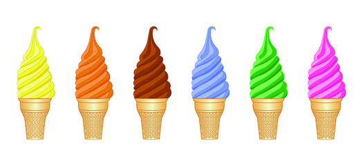 set of colorful ice cream cone or soft cream cone drawing in vector
