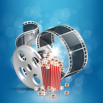 Movie time vector illustration. Cinema poster concept on blue round background. Composition with popcorn, clapperboard, 3d glasses and filmstrip. Cinema banner design for movie theater.