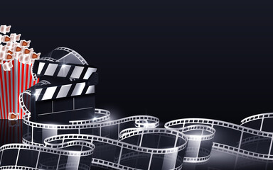 Cinema film strip wave, film reel and clapper board isolated on dark background. 3d movie flyer or poster with place for your text. Template design cinematography concept of film industry. Vector EPS