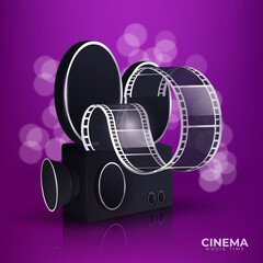 Movie time vector illustration. Cinema poster concept on red round background. Composition with popcorn, clapperboard, 3d glasses and filmstrip. Cinema banner design for movie theater.