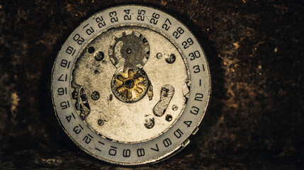 An old vintage broken mechanical watch. Dark grunge background