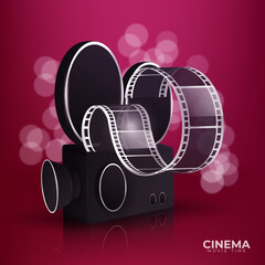 Cinema red background with 3d realistic objects popcorn, tape, tickets and clapperboard. Vector concept colorful illustration with elements of film industry. Template for ad, poster, presentation