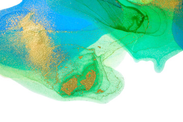 Abstract blue and green spots with gold powder layers on white background