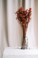 Vase with red dried flowers on a white table on satin fabric background.