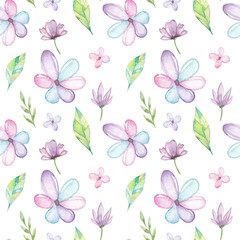 Watercolor seamless pattern with flowers and leaves