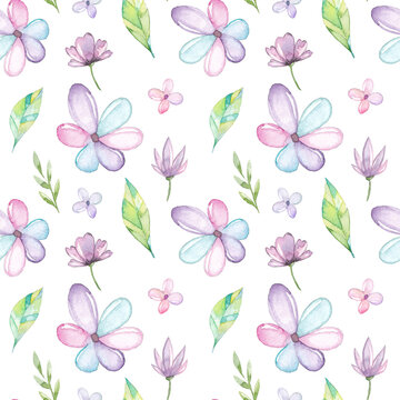 Watercolor seamless pattern with flowers and leaves © DesignToonsy