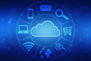 2d illustration of Cloud computing, Digital Cloud computing Concept background. Cyber technology, internet data storage, database and mobile server concept