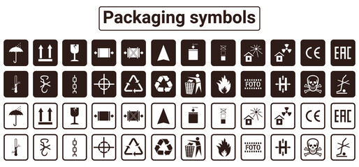 A set of black and white packaging symbols on a white background.Compliance signs, Manipulation signs,Environmental signs, Warning signs .For boxes, infographics, infographics.
