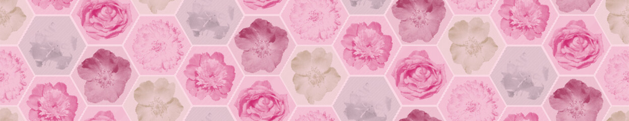 Flower hexagon seamless pattern. Pink rose, peony stroke background. Vector illustration