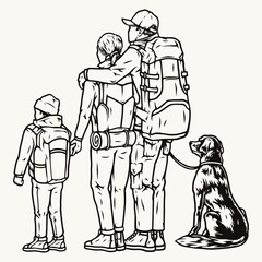 Family of hikers and dog