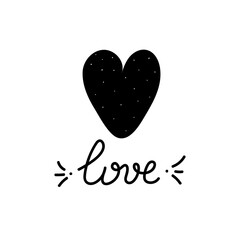 Love handwritten inscription next to a black heart with white polka dots. Great for Valentine's Day, baby shower, print, t-shirt design. Vector illustration