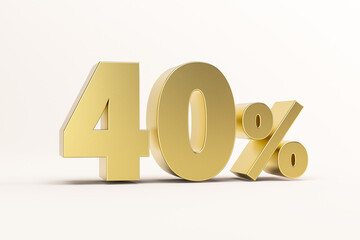 3D illustration forty percent golden isolated on white background. 3D rendering for advertising.  40% off on sale.
