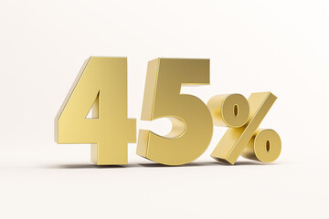 3D illustration forty five percent golden isolated on white background. 3D rendering for advertising.  45% off on sale.
