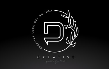 D Letter Logo with Floral Monogram Line Design and Circular Shape. Elegant Leaf Botanical Design.