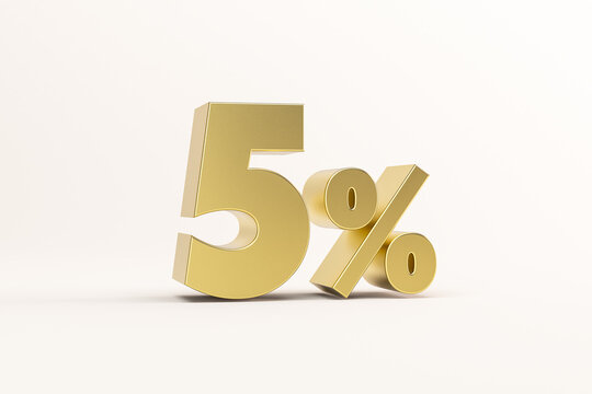 3d illustration five percent golden isolated on white background. 3d rendering for advertising. 5% off on sale.