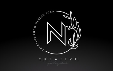 N Letter Logo with Floral Monogram Line Design and Circular Shape. Elegant Leaf Botanical Design.