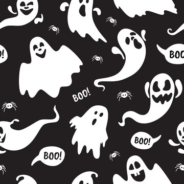 Cute ghost boo holiday character seamless pattern flat style design vector illustration set isolated on dark background. Halloween haunted boo spooky symbol flying above the ground.