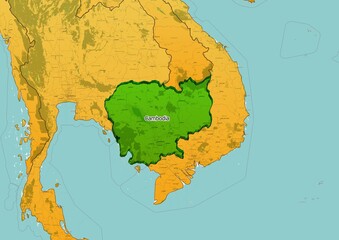 Cambodia map showing country highlighted in green color with rest of Asian countries in brown