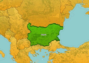 Bulgaria map showing country highlighted in green color with rest of European countries in brown