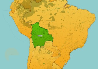 Bolivia map showing country highlighted in green color with rest of South America countries in brown