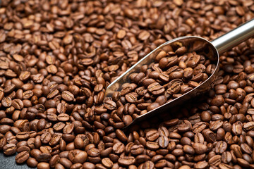 Background or texture made of roasted brown coffee beans